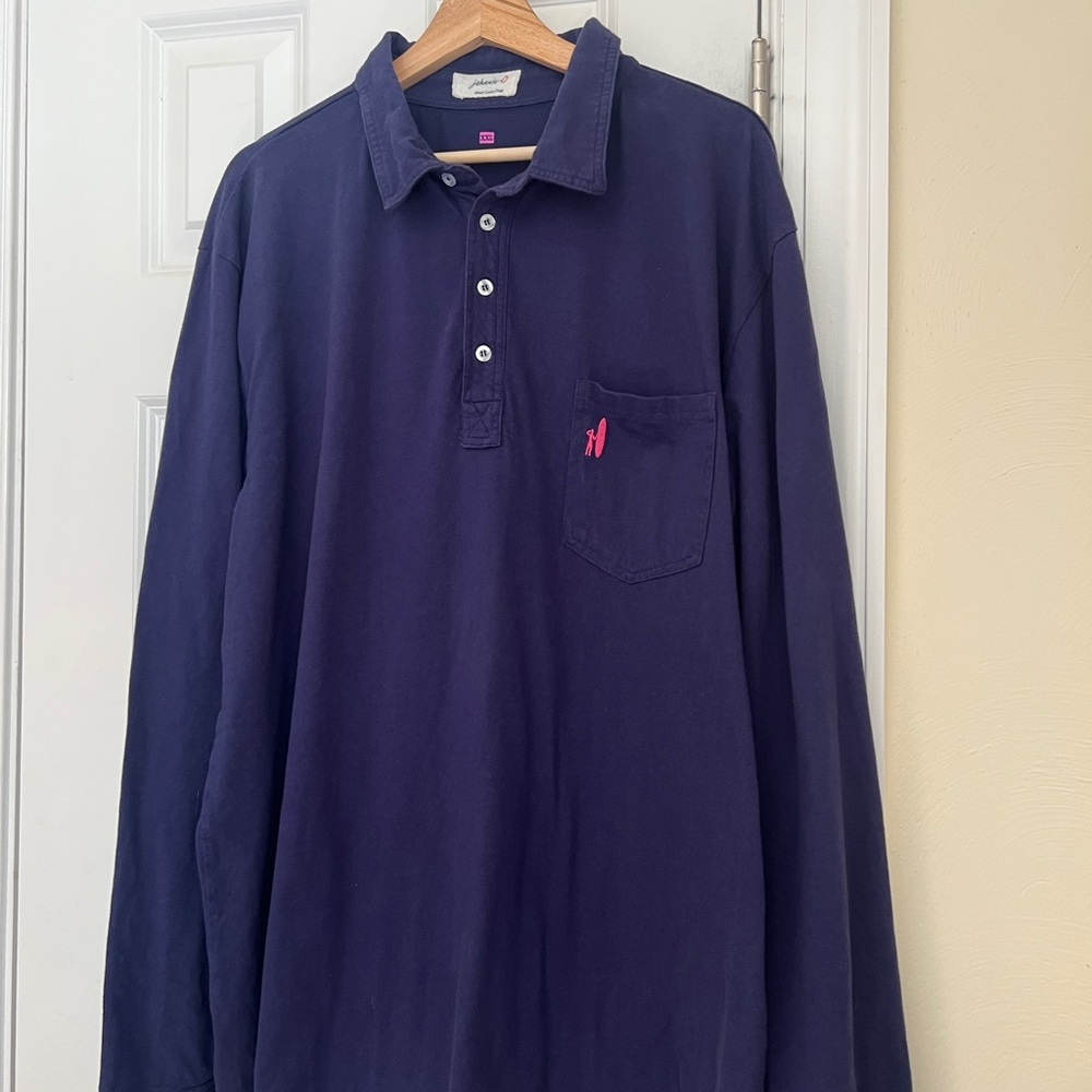 johnnie-O Navy Long Sleeve Polo with Pink Pocket Logo